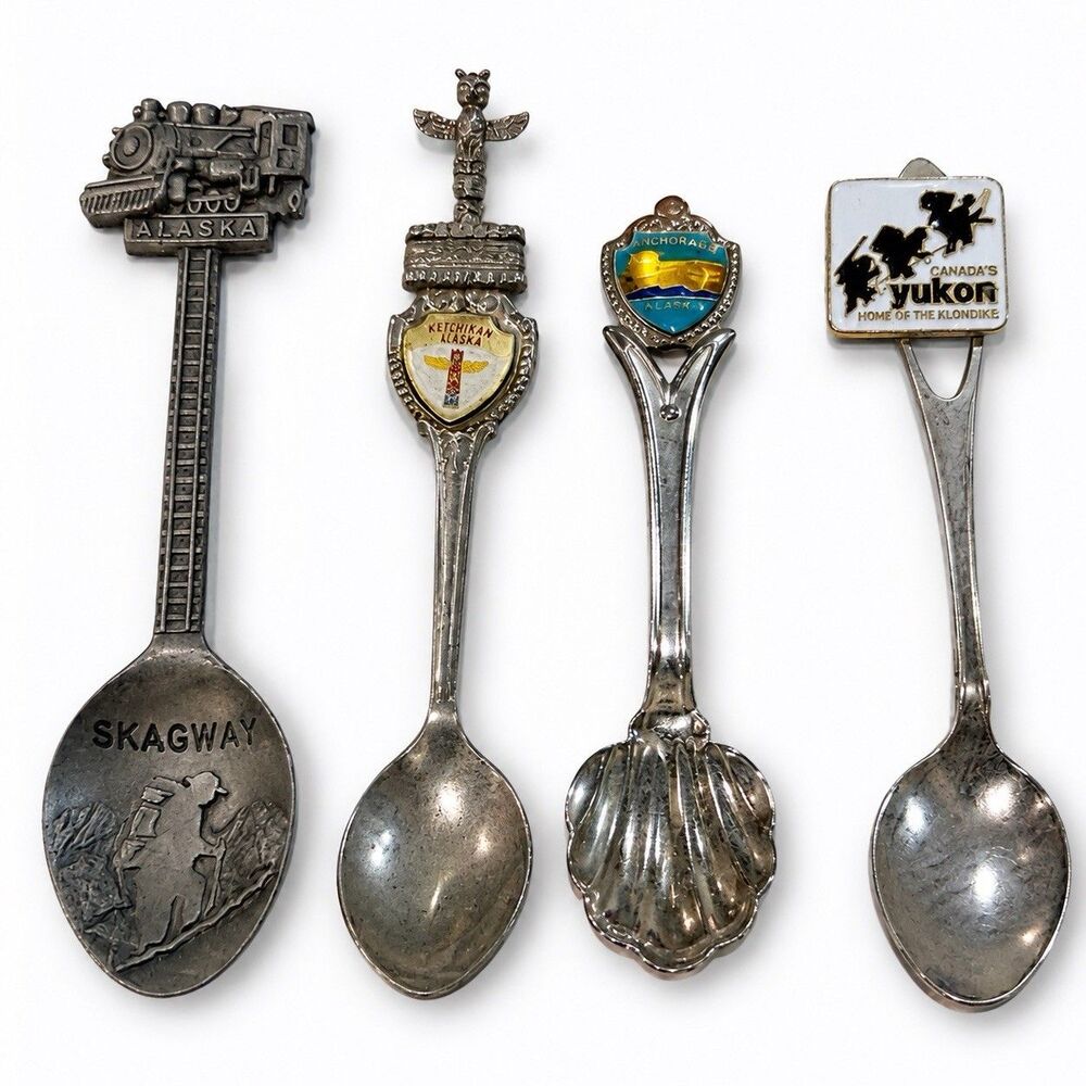 Vtg Alaska Yukon Souvenir Spoon Lot Skagway Ketchikan Anchorage Train Pole 4pcs